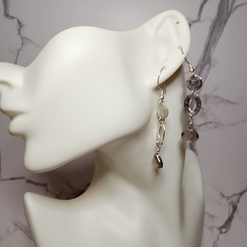 925 Silver Hammered Smokey Quartz Dangle Earrings